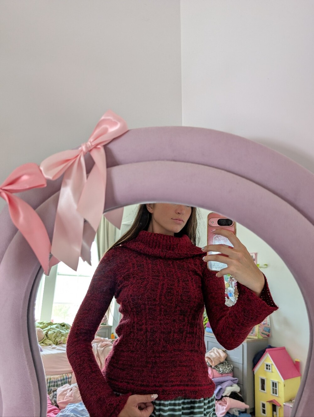Y2K Burgundy Cable Knit Cowl Sweater Size Large